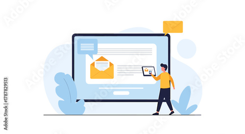 Illustration of a man holding a tablet in front of a large computer screen displaying an email.