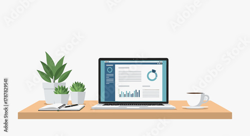 Laptop displaying data charts sits on a desk next to plants, a notebook, and a cup of coffee.