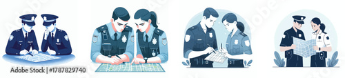 Two police officers discussing a map during an investigation, flat design, simple and minimalistic style, white background