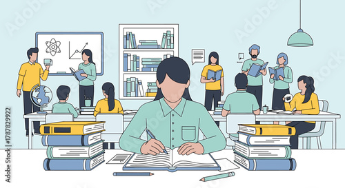 A group of people are studying and reading in a library or study room, with books and a whiteboard visible.