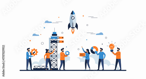 A team collaborates on a rocket launch, showcasing teamwork, innovation, and a successful startup.