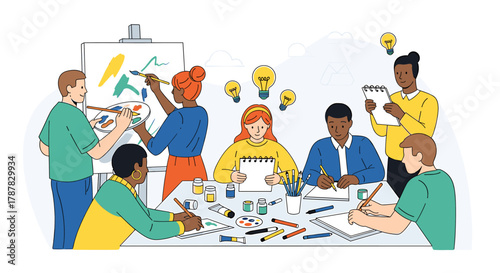Group of diverse people collaborating on art projects, painting, drawing, and brainstorming ideas with lightbulbs above their heads.
