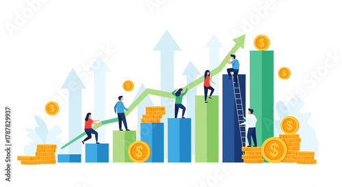 People climb ascending bar graph with arrows, representing growth, success, and financial achievement. Coins and currency symbols are scattered around.