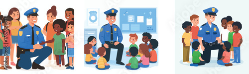 A police officer talking to children in a school safety program, flat design, simple and minimalistic style, white background