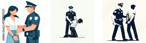 A police officer arresting a suspect calmly, flat design, simple and minimalistic style, white background