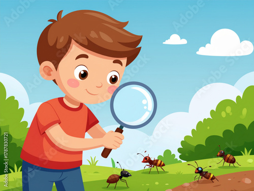 Little boy looking at ants