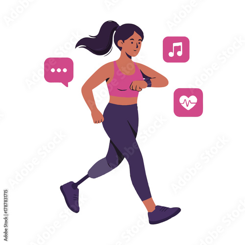 Active Woman Jogging with Smartwatch and Prosthetic Leg color vector