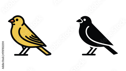 Yellow canary bird icon alongside a black bird silhouette vector illustration. simple avian symbols for diverse design projects and animal themes.