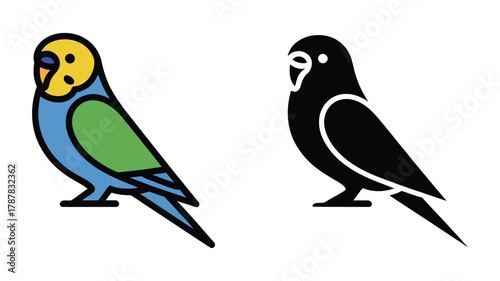 Stylized illustration of a budgerigar, also known as a parakeet, presented in two forms: one full color, one as a clean silhouette icon.