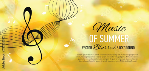 Abstract summer music banner with blurred seascape background, treble clef, musical notes and curved staff ribbon. Soft light, bokeh, warm tones, harmony and creativity concept.