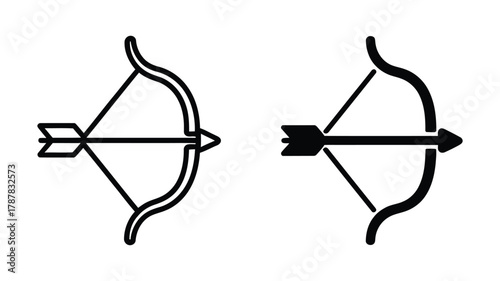 Simple black outline and filled icon illustration of a classic bow and arrow set, representing archery, hunting, aim, sport, precision, and achievement on a clean backdrop