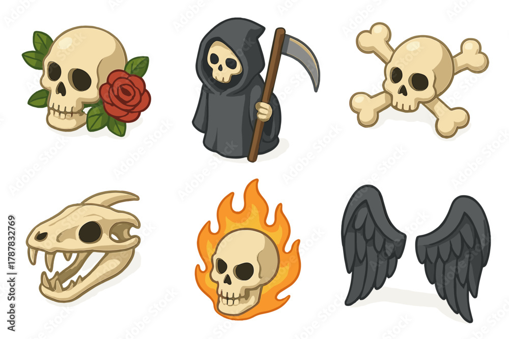 Obraz premium Collection of skull and grim reaper illustrations with wings and fire elements