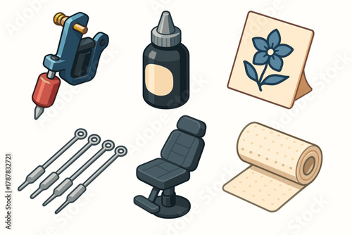 Tattoo equipment collection with machine ink needles chair and design on white background