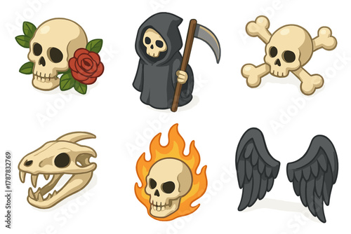 Collection of skull and grim reaper illustrations with wings and fire elements