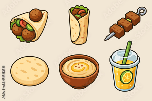 Middle eastern cuisine icons: shawarma, falafel, kebab, pita, hummus, lemonade