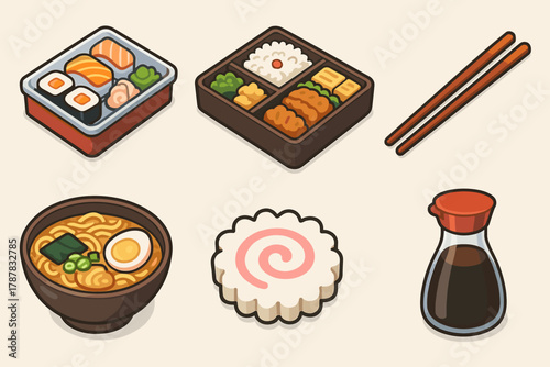 Japanese cuisine icons: sushi, bento, ramen, narutomaki, soy sauce, chopsticks