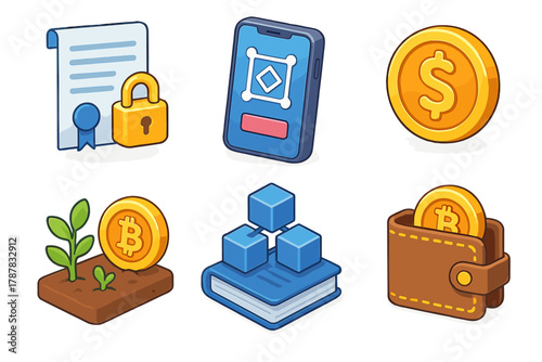 Cryptocurrency concepts: security, mobile app, and growth icons