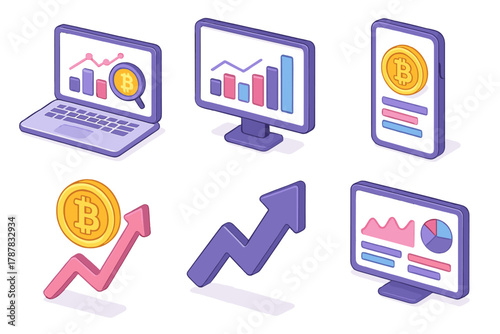 Cryptocurrency trading analysis with bitcoin and trend charts in isometric design