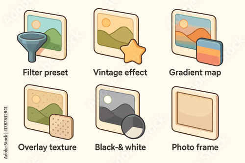 Image editing icons: filter preset, vintage effect, gradient map, overlay texture, black-and-white, photo frame