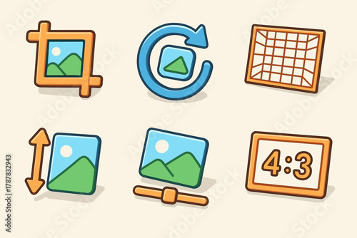 Colorful image editing icons with crop, rotate, and aspect options