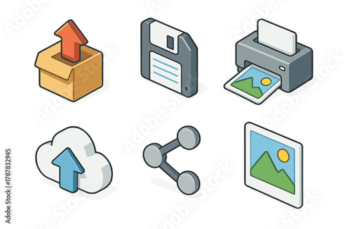 Isometric icons of upload, download, save, print, cloud, and share