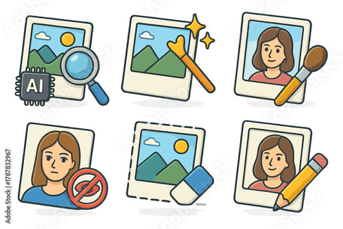 Photo editing icons with female portraits and tools for image manipulation
