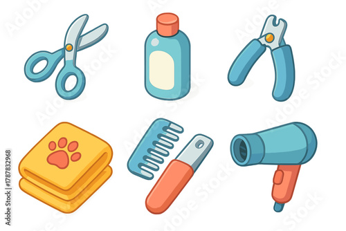 Pet grooming tools collection with scissors, shampoo, clippers, towels, comb, and dryer