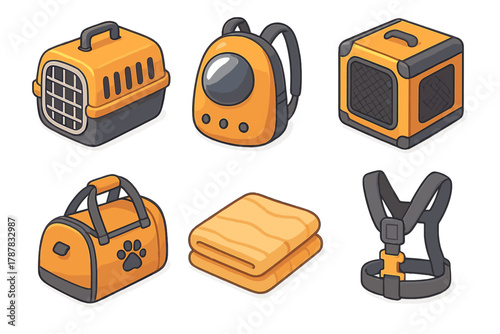 Collection of orange pet carriers and accessories including backpacks and harnesses
