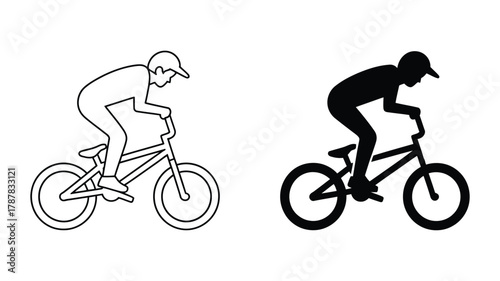 Stylized vector illustration of a bmx rider, presented as both a clean outline and a striking solid black silhouette, perfect for sports design.