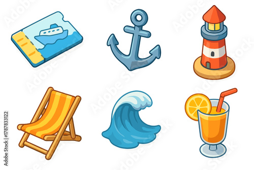 Nautical icons: cruise ticket, anchor, lighthouse, deckchair, wave, orange drink