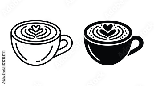 Latte art coffee cup outline and solid black icon set. hand-drawn style illustration with heart foam design, perfect for cafes and menus.