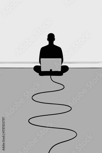 Black and white minimalist art of person sitting in lotus position with laptop and long power cable, focus and connection concept