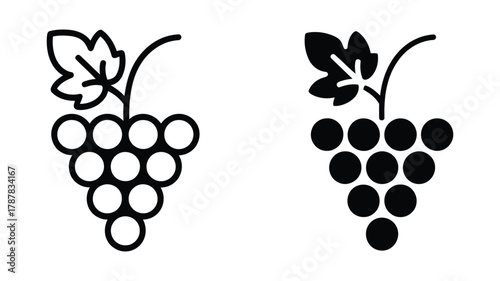 Stylized grape icons with leaf and stem, offered in both clean outline and solid fill designs, perfect for fruit, agriculture, and winemaking graphics.