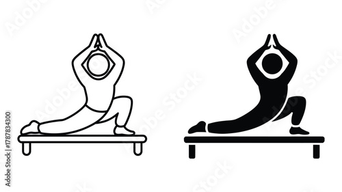 Person in yoga lunge pose icon set, outline and solid variations on a mat, representing fitness, meditation, balance, and healthy lifestyle
