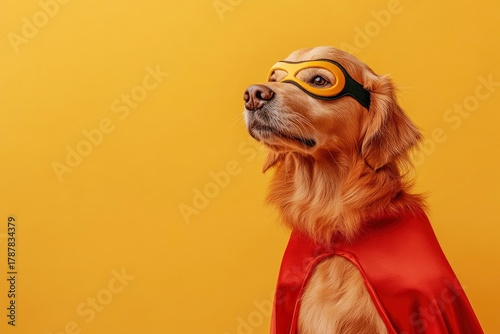 Funny red dog dressed as a superhero poses confidently