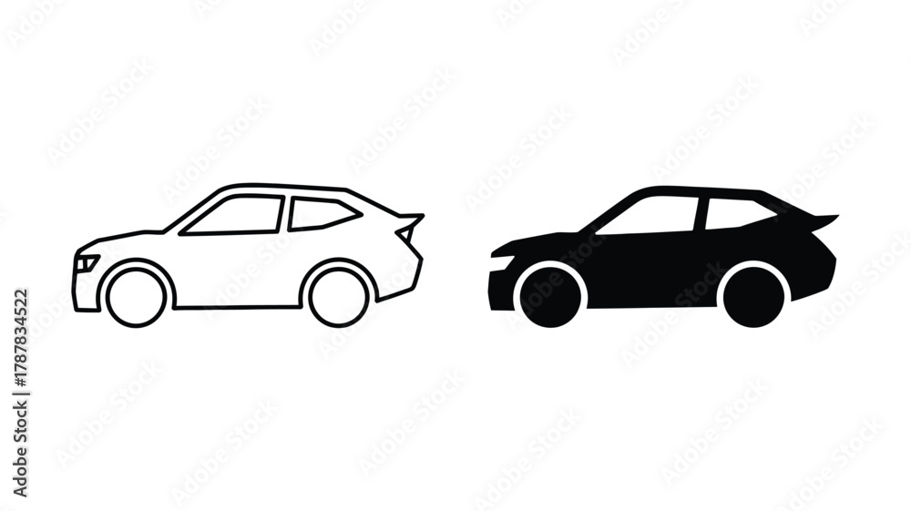 Fototapeta premium Outline and solid black vector icons of a modern compact car or suv, representing transport, mobility, and automotive design on a clean white background.