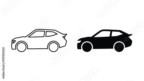 Outline and solid black vector icons of a modern compact car or suv, representing transport, mobility, and automotive design on a clean white background.
