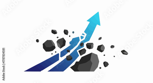 Blue arrow breaks through obstacles, symbolizing progress and overcoming challenges.