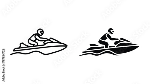 Jet ski rider icon set illustrating water sports, personal watercraft activity with a person on a pwc in both line art and solid glyph styles.