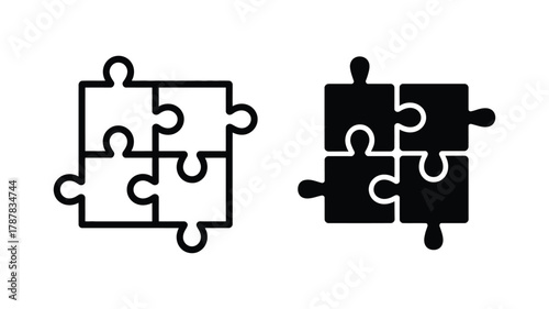 Puzzle pieces icon set displaying four interlocking parts forming a cohesive square, symbolizing problem solving, teamwork, connection, and strategy