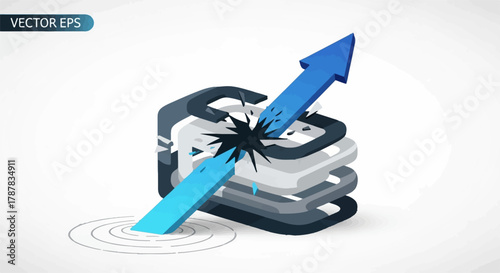 Arrow breaking through stacked layers, symbolizing progress and overcoming challenges.