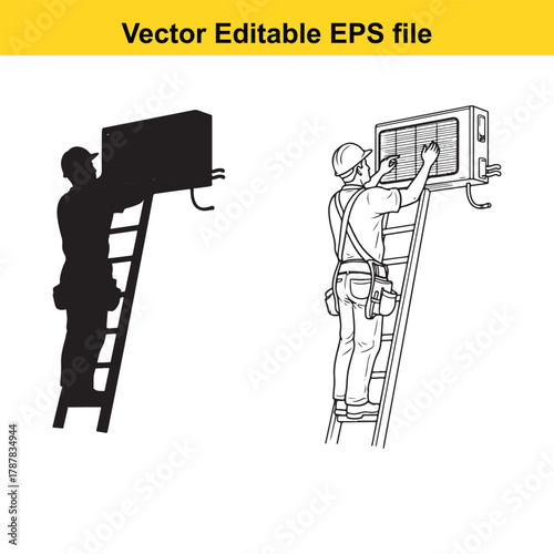Technician installing an air conditioner on a ladder, silhouette and line drawing