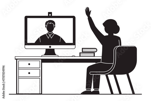 Black and white minimalist illustration of student raising hand during online lesson, digital learning and interaction concept