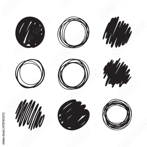 Nine black hand drawn circles and scribbles on white background sketch doodle