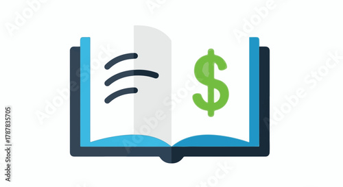Open book with financial symbol representing knowledge of wealth and economics.