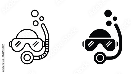 Diving mask and snorkel with bubbles, shown as an outline and filled icon, symbolizing underwater exploration, summer vacation, and sport