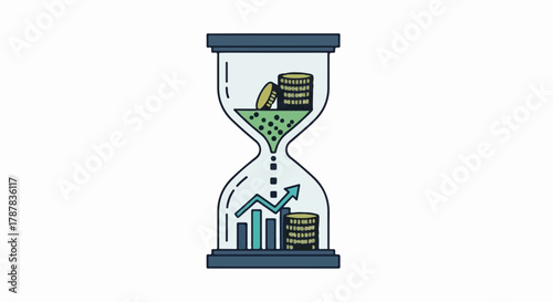 Hourglass symbolizes financial growth and the passage of time with coins and charts.