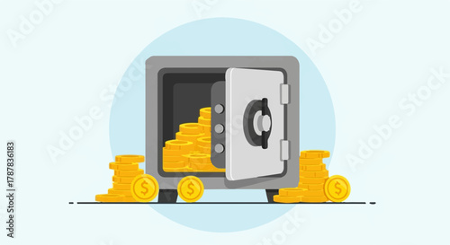 Secure safe overflowing with golden coins, symbolizing wealth and financial security.