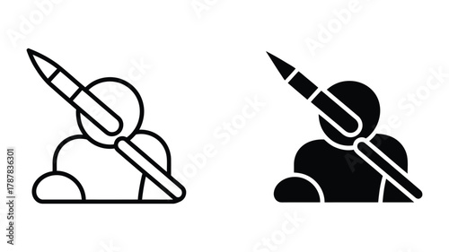 Person writing with a pen or stylus icon representing creativity, authoring, designing, editing, content creation, education, and digital artistry in outline and solid styles