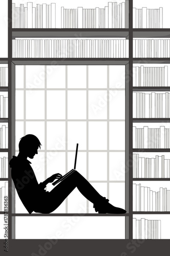 Black and white minimalist art of person sitting with laptop in library window nook, calm study atmosphere